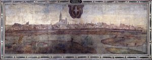 Vista da cidade de Viena, Áustria. Vista das cidades do Império dos Habsburgos. Fresco do Tribunal Michelozzo no Palazzo Vecchio em Florença. Pintura de Sebastiano Veronese Giovanni Lombardi, Cesare Baglioni e Turino da Piamonte, cerca de 1565. Tamanho: de Cesare Baglioni