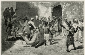 O carregamento de camelos da caravana do autor da história, Atanger, gravada por Biseo, para ilustrar a história Le Maroc de Edmondo de Amicis, em 1875, publicada no tour du monde, sob a direcção de Edouard Charton