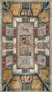 Pier Maria Rossi tendo a honra da Ordem de São Miguel, Vista do teto da Sala delle Gesta Rossiane, Rocca dei Rossi, San Secondo, Parma, Itália, c. 1570 (fresco) de Cesare and Jacopo Bertoia and others Baglione