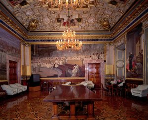 A Sala Maccari Maccari sala ricamente decorada com estuque dourado e cenas da história romana, detalhe do painel retratando um Senado Romano, 1882-88 foto