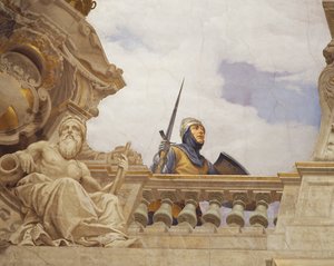 Detalhe da Alegoria da Itália, afresco de Cesare Mariani (1826-1901), teto, Salão da Maioria, Palazzo delle Finanze (Palácio das Finanças), Roma. Itália de Cesare Mariani