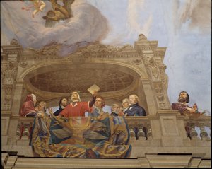 Detalhe da Alegoria da Itália, afresco de Cesare Mariani (1826-1901), teto, Salão da Maioria, Palazzo delle Finanze (Palácio das Finanças), Roma. Itália