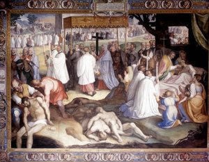 Peste de Milão: São Carlos Borromeo (San Carlo Borromeo) (1538 - 1584) comunga com os moribundos. Fresco por Carlo Nebbia no Colégio Borromeo em Pavia. Século XVI