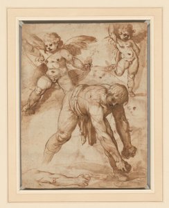 Estudos de uma figura curvada, dois putti e um braço (reto); Descanse na Fuga para o Egito (verso) de Cesare Rossetti