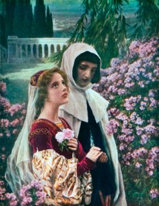 Dante e Beatrice no jardim (litografia a cores)