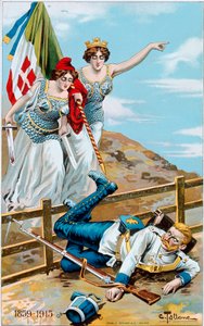Primeira Guerra Mundial: cartaz representando uma alegoria da Itália e da França perseguindo a Alemanha para além da fronteira. Ilustração de Cesare Tallone (1853-1919) Colecção privada de Cesare Tallone