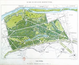 Plano do Bois de Boulogne em Paris, publicado pela Caudrilier, 1860 de Ch. Walter