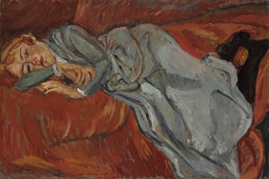Mulher deitada em um sofá vermelho; Mulher deitada em um sofá vermelho, c.1916 de Chaim Soutine