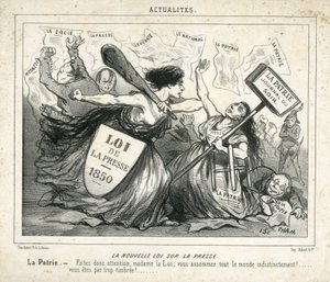Ilustração de Cham (1819-1879) em Le Charivari, circa 1850-4-3 - A nova lei da imprensa - Censura, Imprensa/Mídia, Loi - Proudhon Pierre-Joseph (1809-1965), Girardin Emile de (1806-1881) - Allegorie