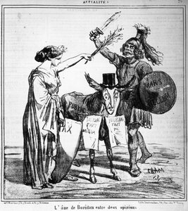 O burro de Buridan entre duas opiniões - por Cham, em "Charivari" de 29/04/1859.