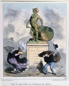 Projecto de construção de uma estátua em honra de Macadam no Boulevard des Italiens, Paris (cor litho) de Amédée de Noé