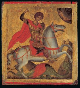 Ícone de São Jorge a cavalo, matando o dragão (tempera de ovo em madeira) de Chanter Angelos Akotandos