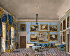 Salão de veludo azul, Gravura de Daniel Havell (1785-1826), Baseado no desenho de Charles Wild (1781-1835), From The History of the Royal Residences de Charles (after) Wild