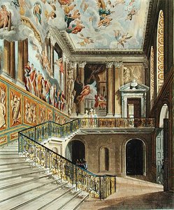 A Grande Escadaria no Palácio Hampton Court da "Royal Residences" de Pyne gravada por Richard Reeve (b.1780) publicada em 1819 (gravura)