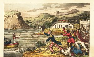 Oficial da Marinha inglesa fugindo de um plantador Massa furioso e homens escravizados Quashee que escravizavam cudgels na Jamaica