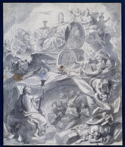 Alegoria: "A Igreja Vitoriosa de Heresie ou o Triunfo da Religião" Desenho de uma guache e a lavagem da oficina de Charles Lebrun (Le Brun) (1619-1690) Paris do século XVII, Musee du Louvre de Charles (studio of ) Le Brun