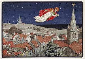 Peter e Wendy voando de Peter Pan por J M Barrie (1860 - 1937), pub.1904 (lito colorido)
