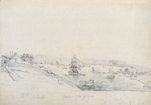 À direita, o acampamento dos franceses da expedição Baudin ao ponto de Bennelong, à esquerda, Sydney, casa de Nicolas Bayley - lápis e tinta de Charles Alexandre Lesueur