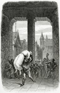 Quasimodo salva Esmeralda de execução - ilustração da Notre Dame de Paris, século XIX (gravura de bw)