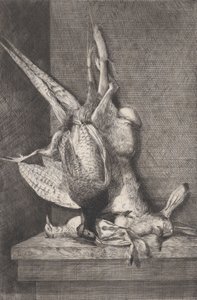 Troféu de caça com aves de caça e coelho, 1850-1900. de Charles Alphonse Deblois