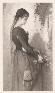 Jovem traz flores para nicho com estátua de Maria Marguerite (título no objeto) de Charles Alphonse Deblois