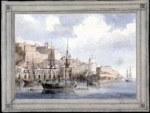 Vista em Malta (o grande porto de Valletta com o Forte Sant Angelo) - Pintura de Charles Andrew Dyce (1816-1853), aguarela sobre papel (25,1x34,9 cm), cerca de 1849 - Universidade de Yale (EUA) de Charles Andrew Dyce