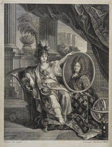 Luís XIV (1638-1715), Rei de França, Protector das Ciências - gravura de Antoine Coypel em "História da Real Academia das Ciências" 1703 de Charles Antoine (after) Coypel