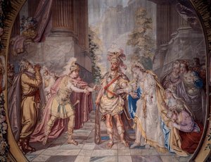 Cenografia: "Alceste" Representação da cena 4 do ato V da ópera de Philippe Quinault (1635-1688) musicada por Jean Baptiste Lully (Giovanni Battista Lulli) (1632-1687). Detalhe de uma tapeçaria de Charles Antoine Coypel (1694-1752) 1764 feita em Mi de Charles Antoine (after) Coypel