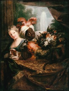 Jovem negro segurando uma cesta de frutas e uma jovem garota acariciando um cão de Charles Antoine Coypel