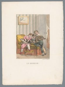 Três crianças dão uma seringa a um cachorro Le remède (título no objeto) Brincadeira de criança e travessuras (título da série) Les jeux de l