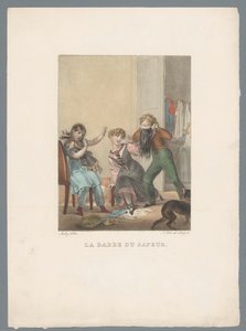 Rapaz assusta duas raparigas com barba artificial
La barbe du sapeur (título sobre o objecto)
Brincadeiras e travessuras de crianças (título da série)
Les jeux de l