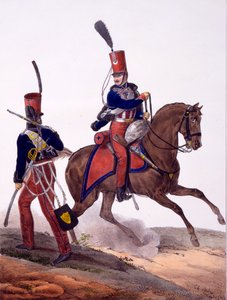 Uniformes do 5º Regimento de Hussardos, da Colecção de Uniformes de l&39;Armée Francaise, publicada em 1823 (litho colorido à mão)