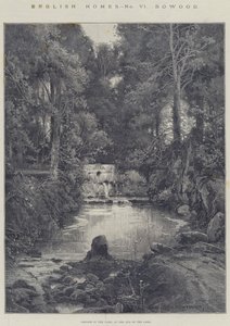 Casas inglesas, Bowood, cascata no parque, no fim do lago de Charles Auguste Loye