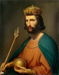 Retrato de Hugues Capet (941-996) rei da França em 987 Ele tem na mão um globo e um ceptro, símbolos de poder. Pintura de Charles de Steuben (1788-1856) Sol do século XIX. 0,91x0,74 m. - Retrato de Hugues Capet (941-996), rei de França em 987. Ele hol