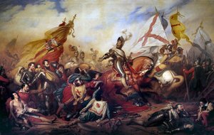 Guerras de religião (1562-1598): "Rei Henrique IV da França (1553-1610) na Batalha de Ivry em 14/03/1590" O exército real ganhou contra o exército da Liga Católica. Detalhe do quadro de Charles de Steuben (1788-1856) Sol do século XIX. 4,2x8,1 m - Espera