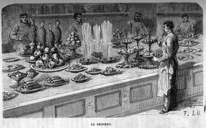 Cuisines of the Palais des Tuileries: Preparação de sobremesas durante uma recepção sob o Segundo Império. Gravura de Barbant de Charles Barbant