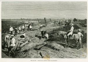 A colocar os carris transcaspianos. Gravura de Ch. Barbant para ilustrar a história Voyage a Merv, de Edgar Boulanger, em le tour du monde 1887, dirigido por Edouard Charton (1807-1890), Hachette, Paris. de Charles Barbant
