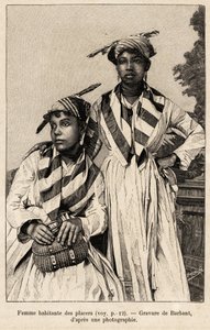 Mulheres a viverem em colocações, depósitos minerais. Gravação de Barbant para ilustrar a história "chez nos indiens, quatre annees de voyage dans la Guiane francaise". de Charles Barbant