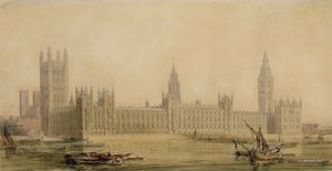 Perspectiva Vista das novas Casas do Parlamento, c.1840s (wc sobre grafite, guache, caneta e tinta sobre papel)