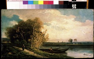 "A costa" Uma paisagem ribeirinha com um pescador e uma mulher camponesa. Pintura por Charles Barthelemy Jean Durupt (1804-1838) Museu de Arte Mikhail Kroshitsky, Sevastopol (Sebastopol) Ucrânia de Charles Barthelemy Durupt