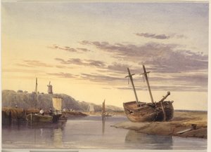 Barcos de pesca em Rye Harbour, com um moinho de vento ao longe de Charles Bentley