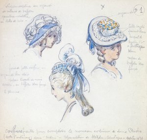 Penteados e chapéus, para o papel de Camille na representação de Don