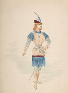 Figurino para um Cavalier em azul e bordô com gorro e espada emplumados, n.d..