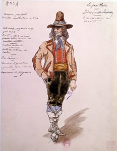 Figurino do cocheiro da ópera "Paillasse" (pagliacci, palhaços) de Ruggero Leoncavallo (1857-1919) de 1892. Aquarela de Charles Bianchini (1860-1905)