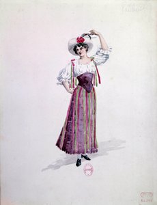 Traje de jovem mulher (Nedda ou Colombine?) para a ópera "Paillasse" (de pagliacci, palhaços) de Ruggero Leoncavallo (1857-1919) de 1892. Aquarela de Charles Bianchini (1860-1905)