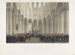 Enterro solene no Groote Kerk em Delft, 17 de março de 1865, da falecida Sua Majestade Anna Pavlovna Rainha Mãe dos Países Baixos nascida Grã-Princesa da Rússia (título no objeto) de Charles Billoin