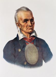 Revestimento vermelho, chefe da guerra do Seneca, 1828, ilustração "dos tribos indianos de America do Norte, Vol.1", por Thomas L. McKenney e por James Salão, bar. John Grant