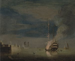 Um Dois Conveses em Chamas à Noite ao Largo de um Forte de Charles Brooking
