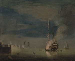 Um barco de dois andares em chamas à noite em um forte de Charles Brooking
