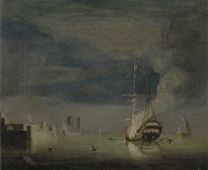 A Two-Decker on Fire at Night off a Fort, c.1740 (óleo sobre tela) de Charles Brooking